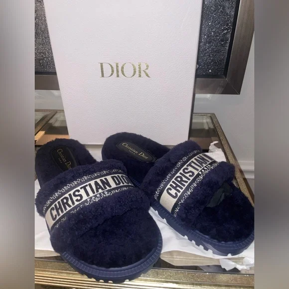 Dior Shoes Christian Dior Dway Blue Shearling Fur Logo Chunky